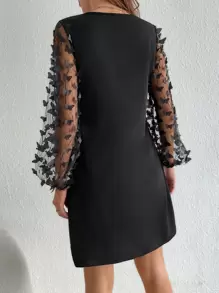 SHEIN Tall 網紗拼接貼花燈籠袖洋裝 - 黑色 - 查看 2