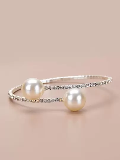 Rhinestone & Faux Pearl Decor Cuff Bangle