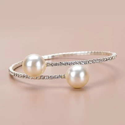 Rhinestone & Faux Pearl Decor Cuff Bangle