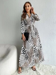 SHEIN Tall Đầm Thắt lưng Nút phía trước Tách cao Sọc ngựa vằn In hoa Báo Thanh lịch - Nhiều màu - Xem 3