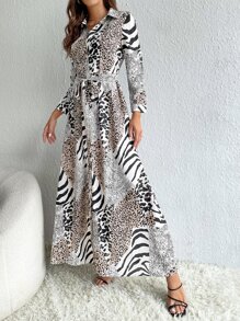 SHEIN Tall Đầm Thắt lưng Nút phía trước Tách cao Sọc ngựa vằn In hoa Báo Thanh lịch - Nhiều màu - Xem 4