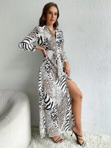 SHEIN Tall Đầm Thắt lưng Nút phía trước Tách cao Sọc ngựa vằn In hoa Báo Thanh lịch - Nhiều màu - Xem 5