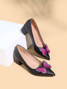Butterfly Decor Point Toe Chunky Heeled Court Pumps - Black - View 1