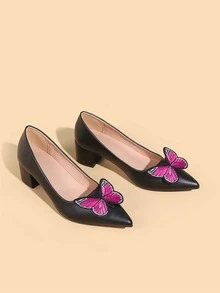 Butterfly Decor Point Toe Chunky Heeled Court Pumps - Black - View 4