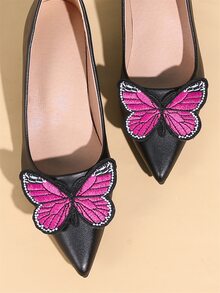 Butterfly Decor Point Toe Chunky Heeled Court Pumps - Black - View 5