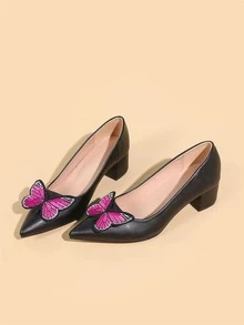 Butterfly Decor Point Toe Chunky Heeled Court Pumps - Black - View 6