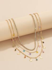 3入組女士鑲鉆星月流蘇項鏈套裝（水晶吊墜項鏈，以尺寸為基礎的鍊條和每批次的水晶數量） - 金黃色 - 查看 2