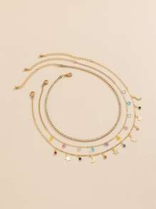 3入組女士鑲鉆星月流蘇項鏈套裝（水晶吊墜項鏈，以尺寸為基礎的鍊條和每批次的水晶數量） - 金黃色 - 查看 3