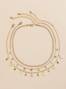 3入組女士鑲鉆星月流蘇項鏈套裝（水晶吊墜項鏈，以尺寸為基礎的鍊條和每批次的水晶數量） - 金黃色 - 查看 4