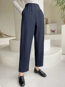 DAZY High Waist Plicated Detail Trousers - Navy Blue - View 1