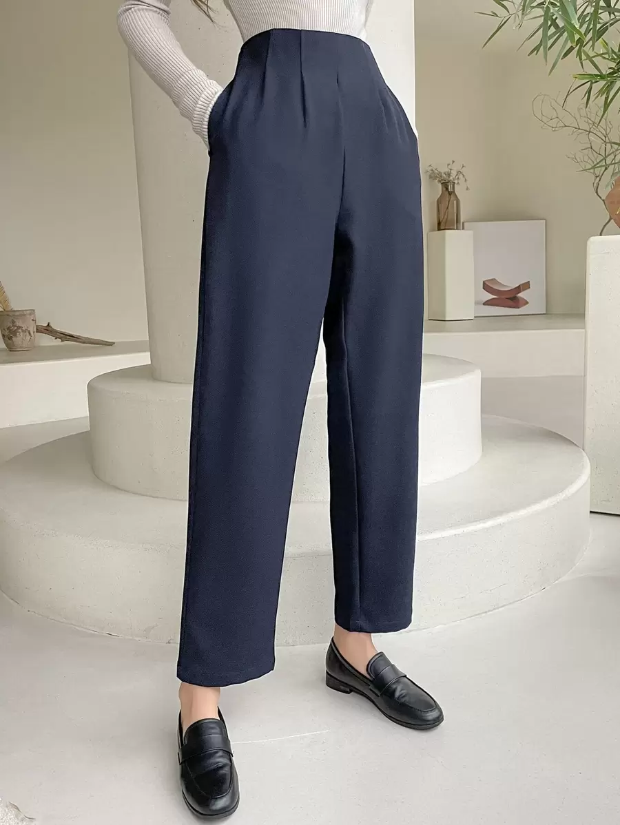 DAZY High Waist Plicated Detail Trousers - Navy Blue - View 1
