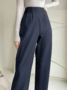 DAZY High Waist Plicated Detail Trousers - Navy Blue - View 4