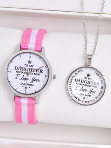 1pc Kids Letter Graphic Round Pointer Quartz Watch & 1pc Necklace - Multicolor - View 1