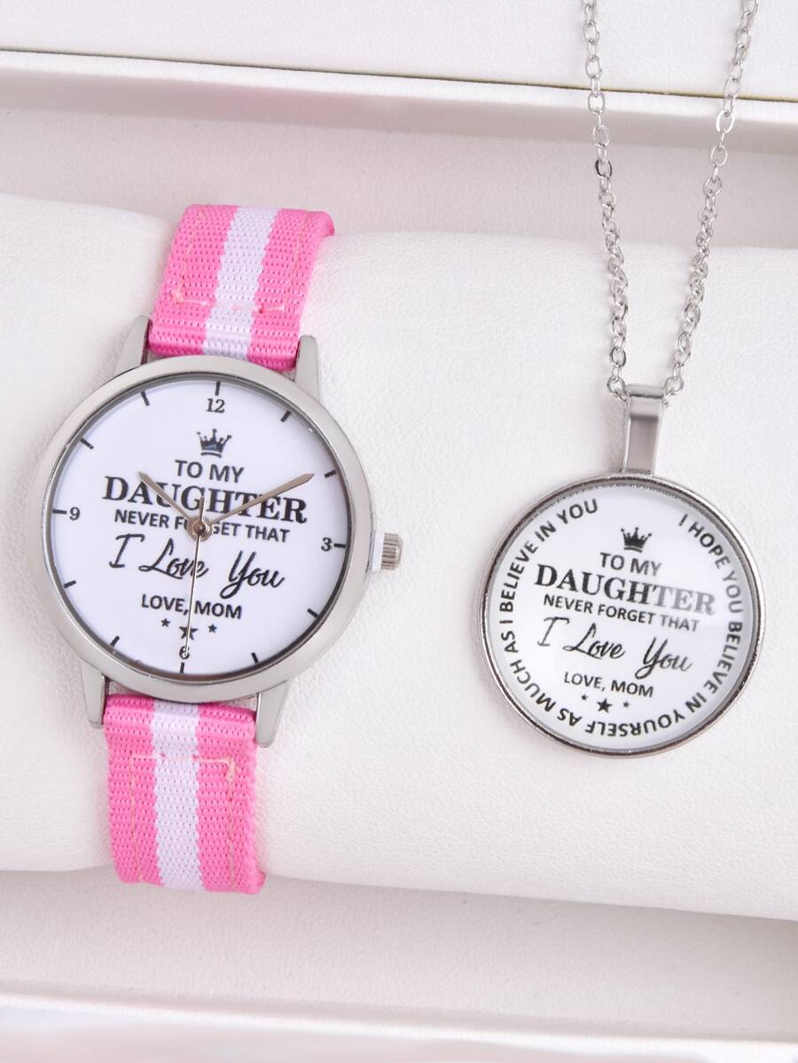 1pc Kids Letter Graphic Round Pointer Quartz Watch & 1pc Necklace - Multicolor - View 1