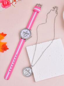 1pc Kids Letter Graphic Round Pointer Quartz Watch & 1pc Necklace - Multicolor - View 2