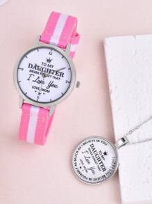 1pc Kids Letter Graphic Round Pointer Quartz Watch & 1pc Necklace - Multicolor - View 3