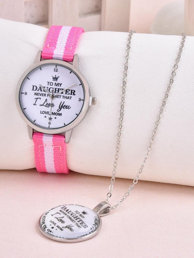 1pc Kids Letter Graphic Round Pointer Quartz Watch & 1pc Necklace - Multicolor - View 4