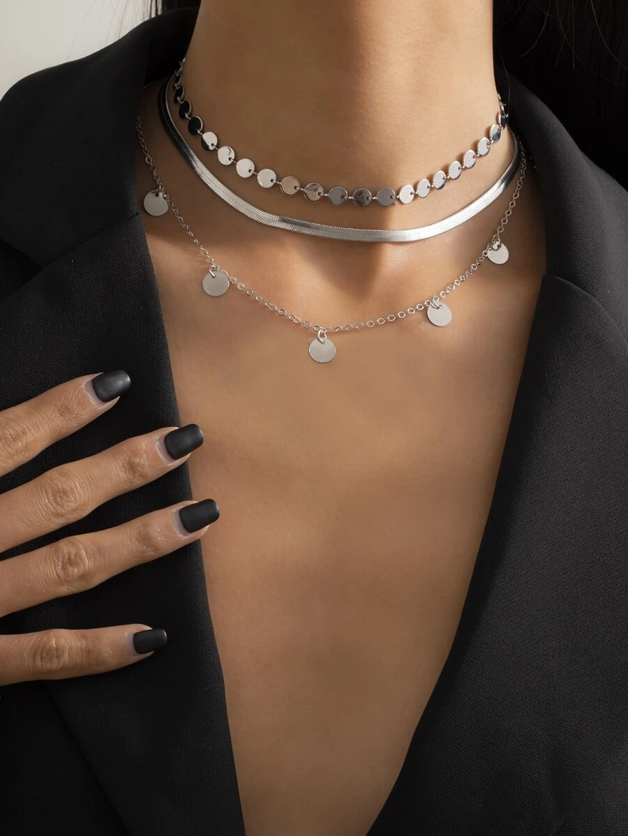 3pcs Disc Charm Necklace - Silver - View 1
