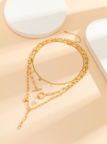 3 chiếc Faux Pearl & Disc Charm Vòng cổ - Vàng - Xem 4