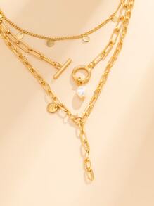 3 chiếc Faux Pearl & Disc Charm Vòng cổ - Vàng - Xem 5