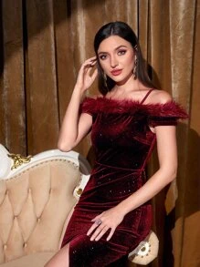 Modelyn Burgundy Red Fuzzy Trim Cold Shoulder Split Thigh Velvet Dress Maxi Women Outfit - Burgundy - View 3