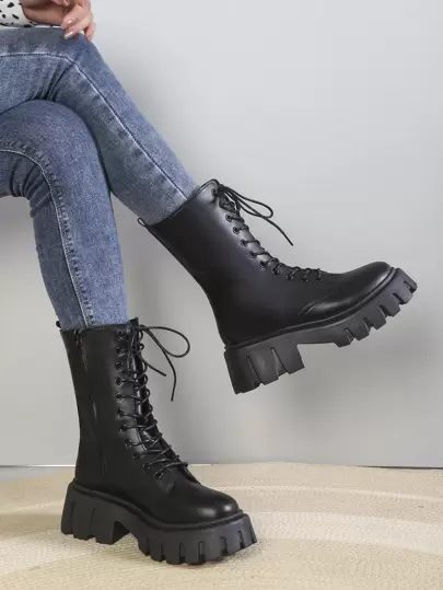 新款女士薄款时尚靴，系带中筒厚底机车踝靴，街头酷炫时尚百搭