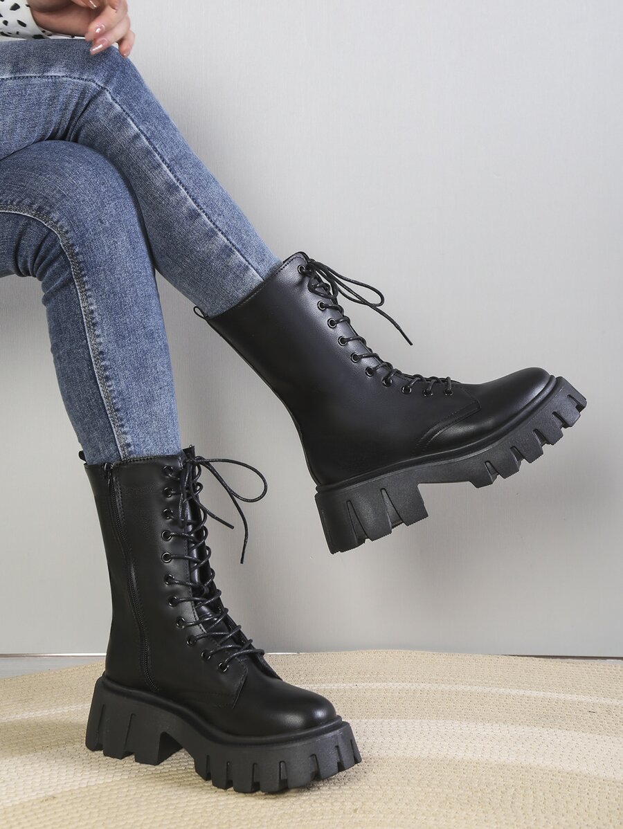 Giày bốt nữ mỏng, thời trang mới, buộc dây, cao đến giữa bắp chân, đế dày, kiểu bốt đi xe máy, phong cách đường phố cá tính, đa năng. - màu đen - Xem 1