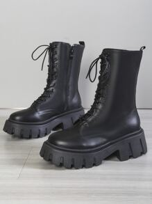 Giày bốt nữ mỏng, thời trang mới, buộc dây, cao đến giữa bắp chân, đế dày, kiểu bốt đi xe máy, phong cách đường phố cá tính, đa năng. - màu đen - Xem 3