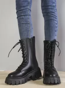 Giày bốt nữ mỏng, thời trang mới, buộc dây, cao đến giữa bắp chân, đế dày, kiểu bốt đi xe máy, phong cách đường phố cá tính, đa năng. - màu đen - Xem 4