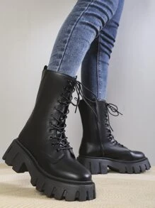 Giày bốt nữ mỏng, thời trang mới, buộc dây, cao đến giữa bắp chân, đế dày, kiểu bốt đi xe máy, phong cách đường phố cá tính, đa năng. - màu đen - Xem 6