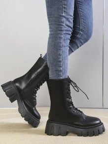 Giày bốt nữ mỏng, thời trang mới, buộc dây, cao đến giữa bắp chân, đế dày, kiểu bốt đi xe máy, phong cách đường phố cá tính, đa năng. - màu đen - Xem 7