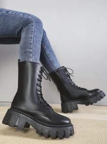 Giày bốt nữ mỏng, thời trang mới, buộc dây, cao đến giữa bắp chân, đế dày, kiểu bốt đi xe máy, phong cách đường phố cá tính, đa năng. - màu đen - Xem 8