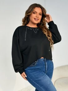 SHEIN SXY Plus Chain Detail Drop Shoulder Sweatshirt - Black - View 4
