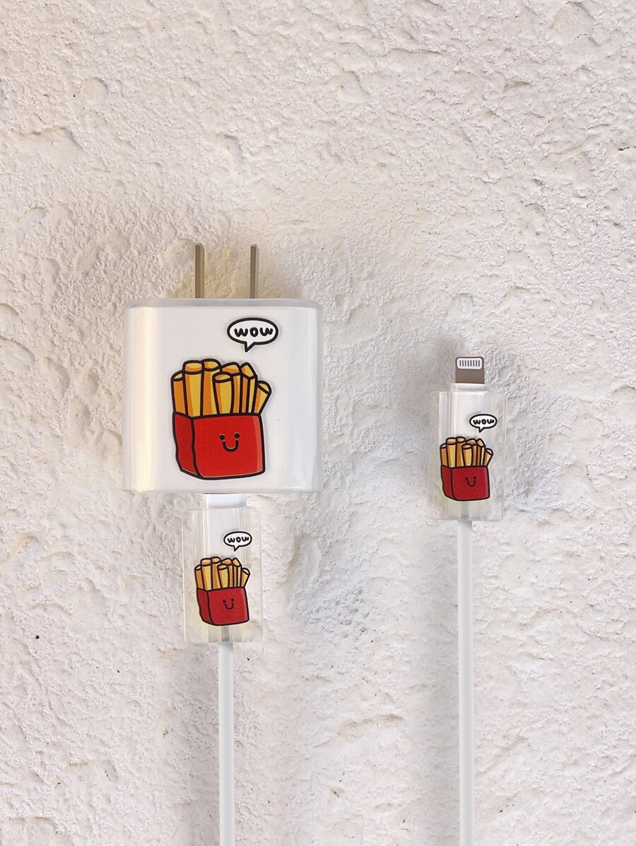 3入組薯條圖案數據線保護頭和充電頭套套裝 - 彩色 - 查看 1