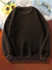 Manfinity Men Letter Embroidery Drop Shoulder Teddy Pullover - Chocolate Brown - View 2