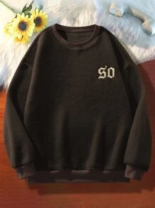 Manfinity Men Letter Embroidery Drop Shoulder Teddy Pullover - Chocolate Brown - View 4