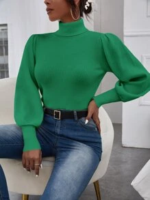 SHEIN Privé 素色燈籠袖高領套頭毛衣 - 綠色 - 查看 1