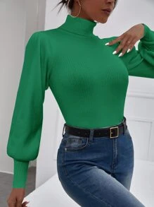 SHEIN Privé 素色燈籠袖高領套頭毛衣 - 綠色 - 查看 4