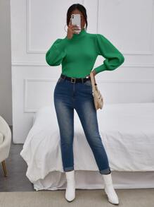 SHEIN Privé 素色燈籠袖高領套頭毛衣 - 綠色 - 查看 5