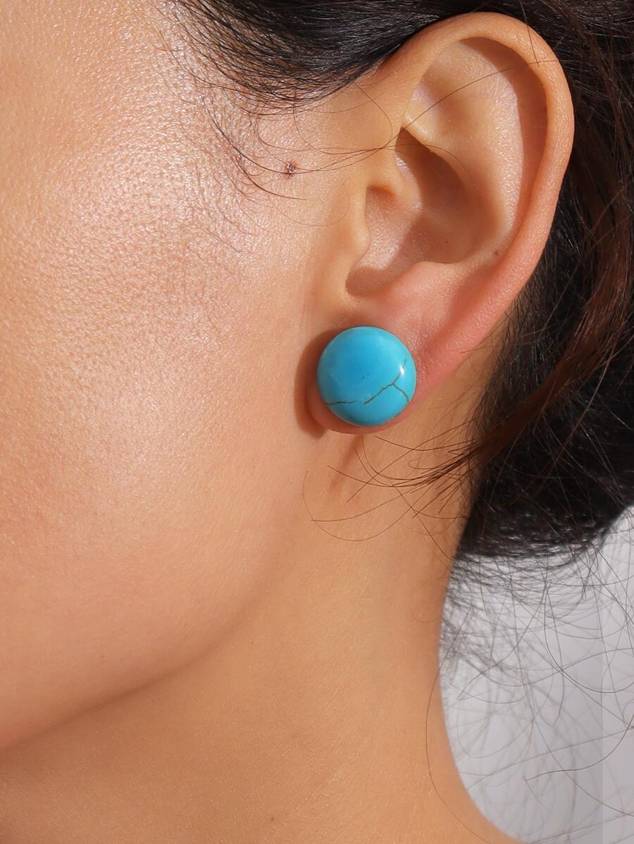 綠松石色圓形耳釘 - 綠色 - 查看 1