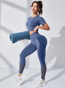 Yoga Basic 2pcs Seamless High Stretch Yoga Set Tracksuit Gym Set Hollow Out Raglan Sleeve Top Tummy Control Sports Leggings