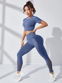 Yoga Basic 2pcs Seamless High Stretch Yoga Set Tracksuit Gym Set Hollow Out Raglan Sleeve Top Tummy Control Sports Leggings