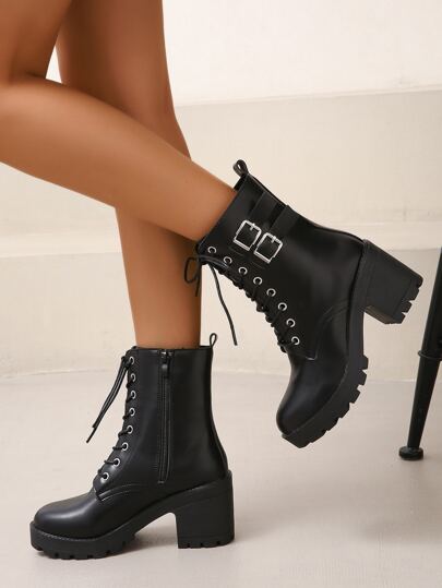 Fall/Winter Style With Sweater Buckle Decor Side Zip Lace-Up Front Combat Boots, Women's Fashionable Black Plain Punk Buckle Strap Chunky Heel Boots