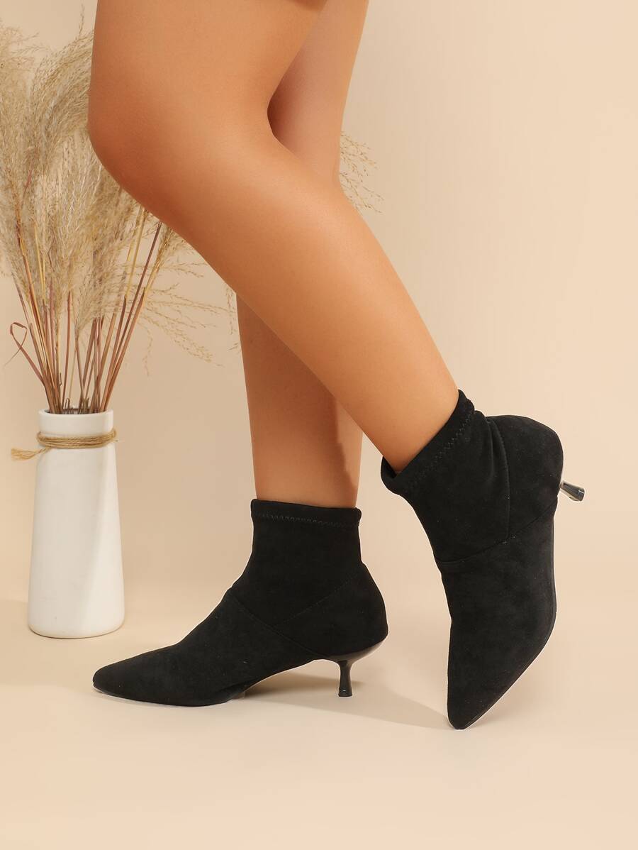 Minimalist Point Toe Heeled Faux Suede Sock Boots - Black - View 1