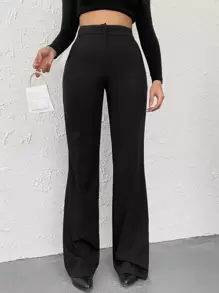EURMUSE High Waisted Zipper Front Suit Trousers - Black - View 1