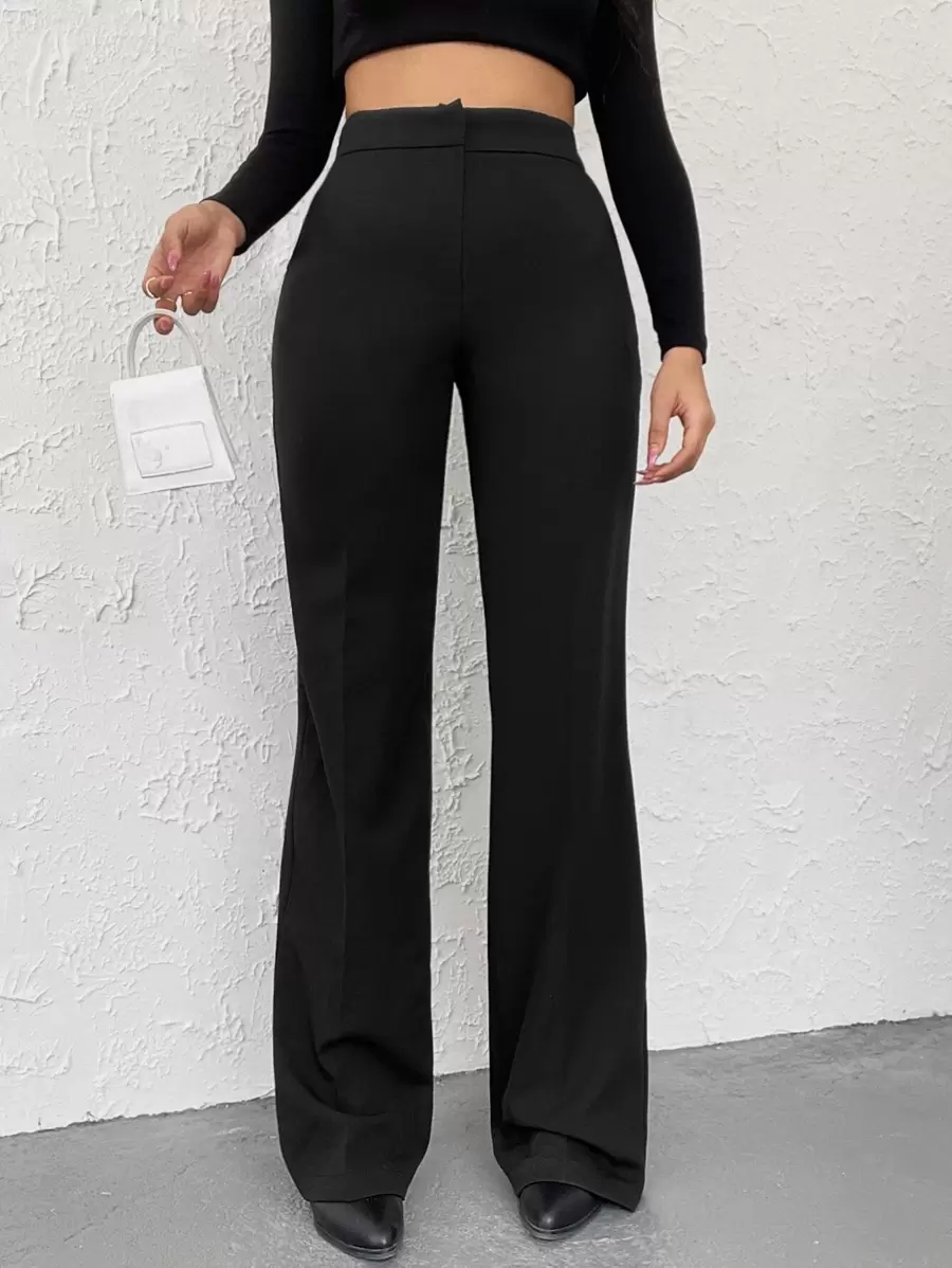 EURMUSE High Waisted Zipper Front Suit Trousers - Black - View 1