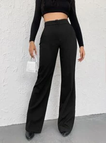 EURMUSE High Waisted Zipper Front Suit Trousers - Black - View 3