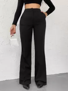 EURMUSE High Waisted Zipper Front Suit Trousers - Black - View 4