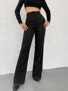 EURMUSE High Waisted Zipper Front Suit Trousers - Black - View 5