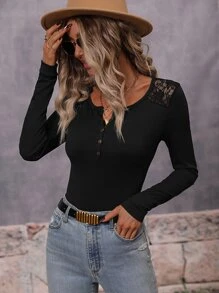 SHEIN LUNE Áo liền quần ôm nữ Nút Tương phản ren màu trơn Giải trí - màu đen - Xem 1